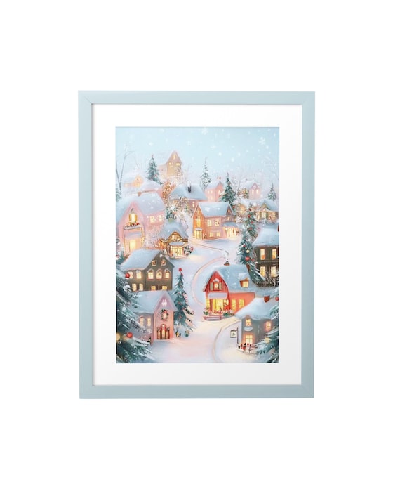 Pink Christmas Village in Snow Pastel Holiday Watercolor Poster