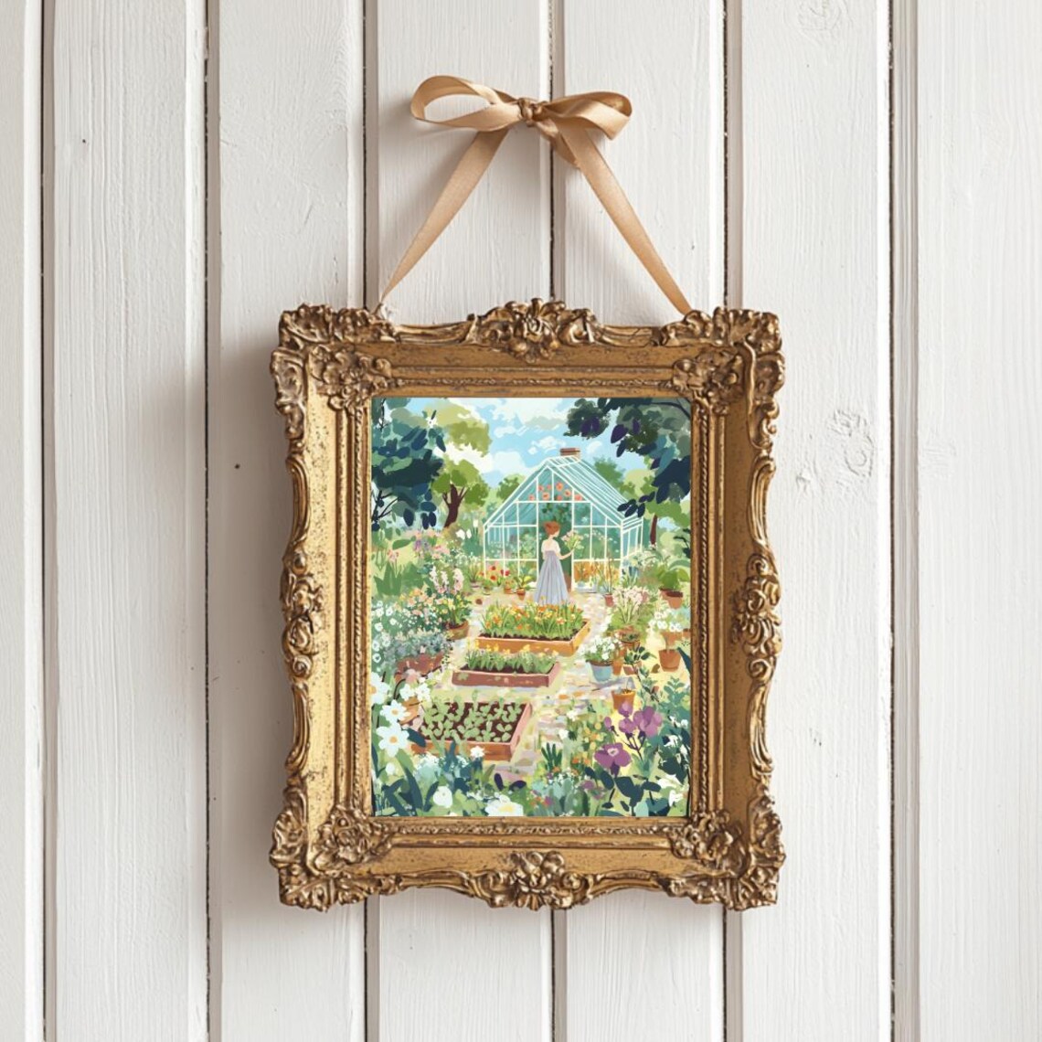Lovely Woman Picking Flowers in a Greenhouse Garden Art Poster - Image 4