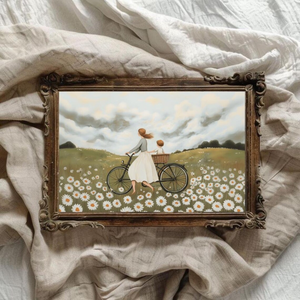 Vintage Mum and Child Bike Ride in Blooming Daisy Meadow Art Poster - Image 2