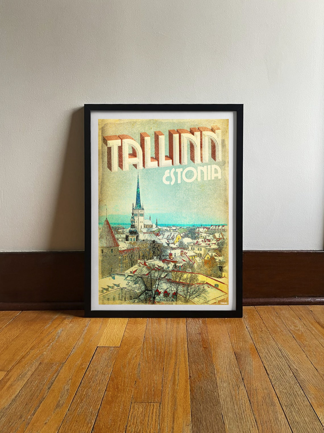 Tallinn Estonia Old Town Snow Rooftops Retro Vintage Travel Poster