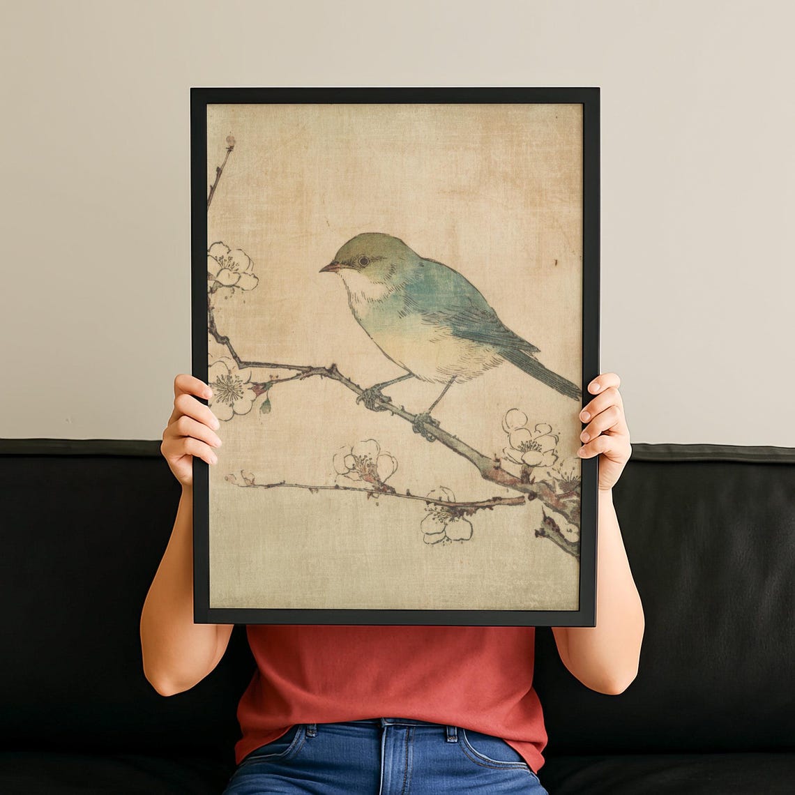 Vintage Japanese Songbird Plum Blossom Branch Minimalist Art Print