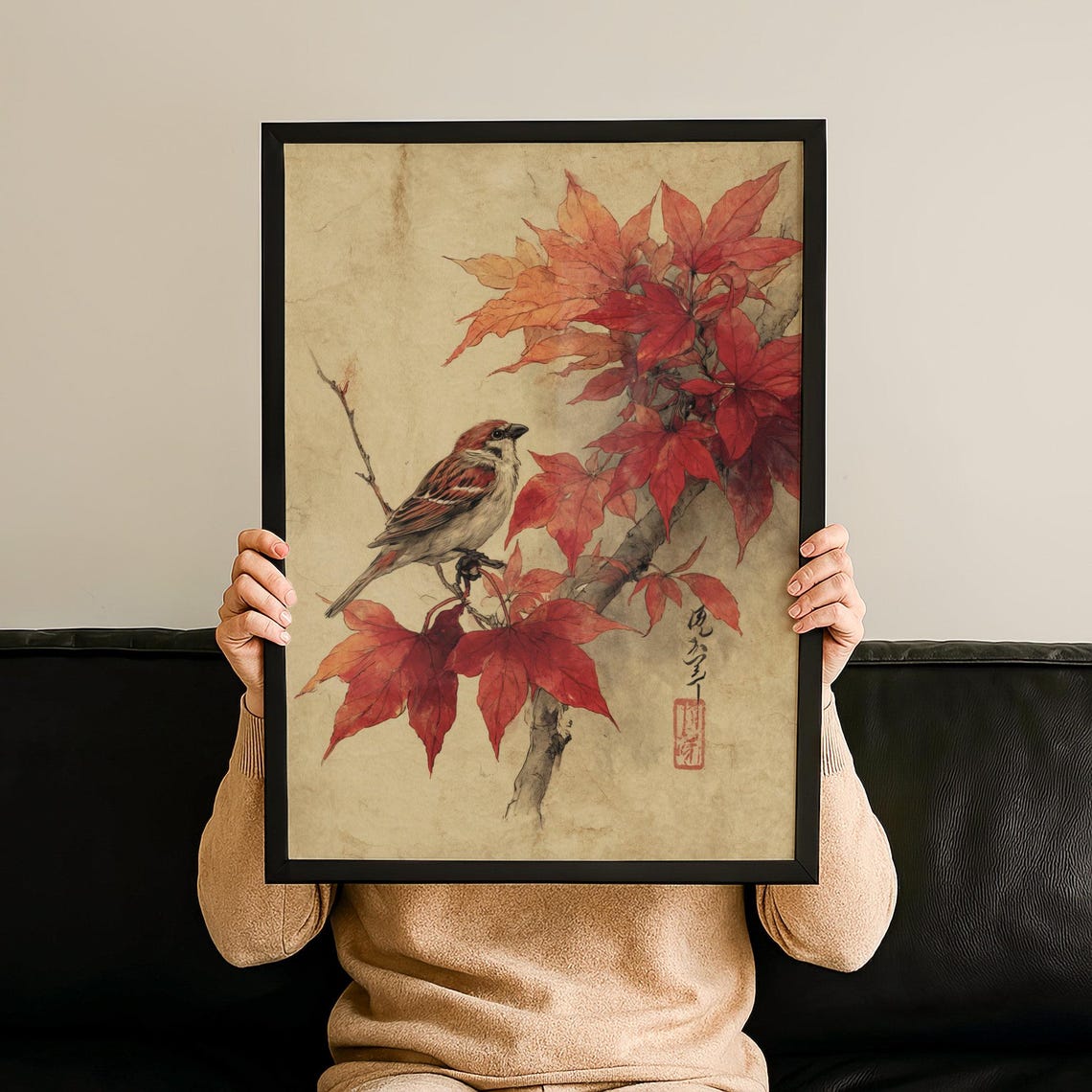 Japanese Sparrow Red Maple Branch Autumn Vintage Oriental Art Poster