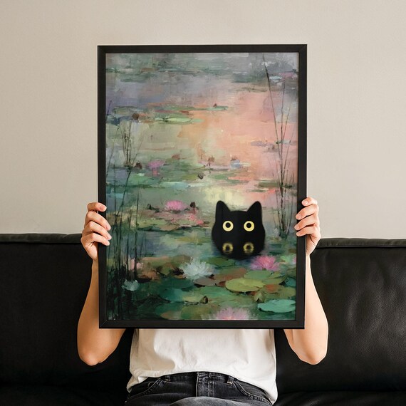 Black Cat Lily Pond Impressionist Sunset Pastel Whimsical Cozy Art Poster