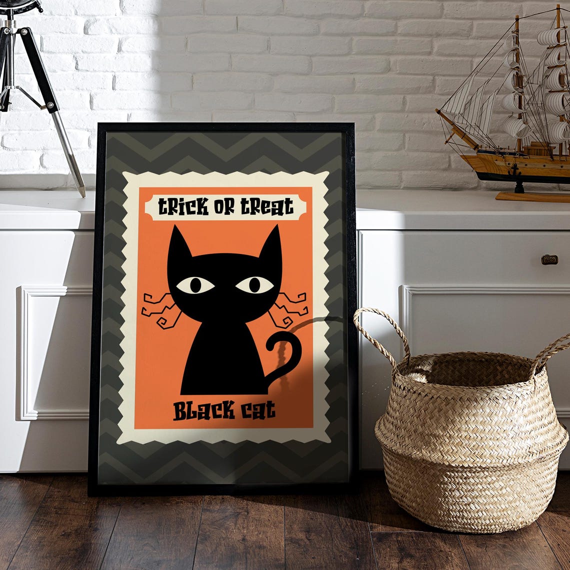Trick Or Treat Black Cat Stamp Style Retro Halloween Art Poster