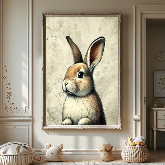 Vintage Easter Bunny Poster Flower Style Oil Paint Effect Modern Retro Wall Art Home Decor