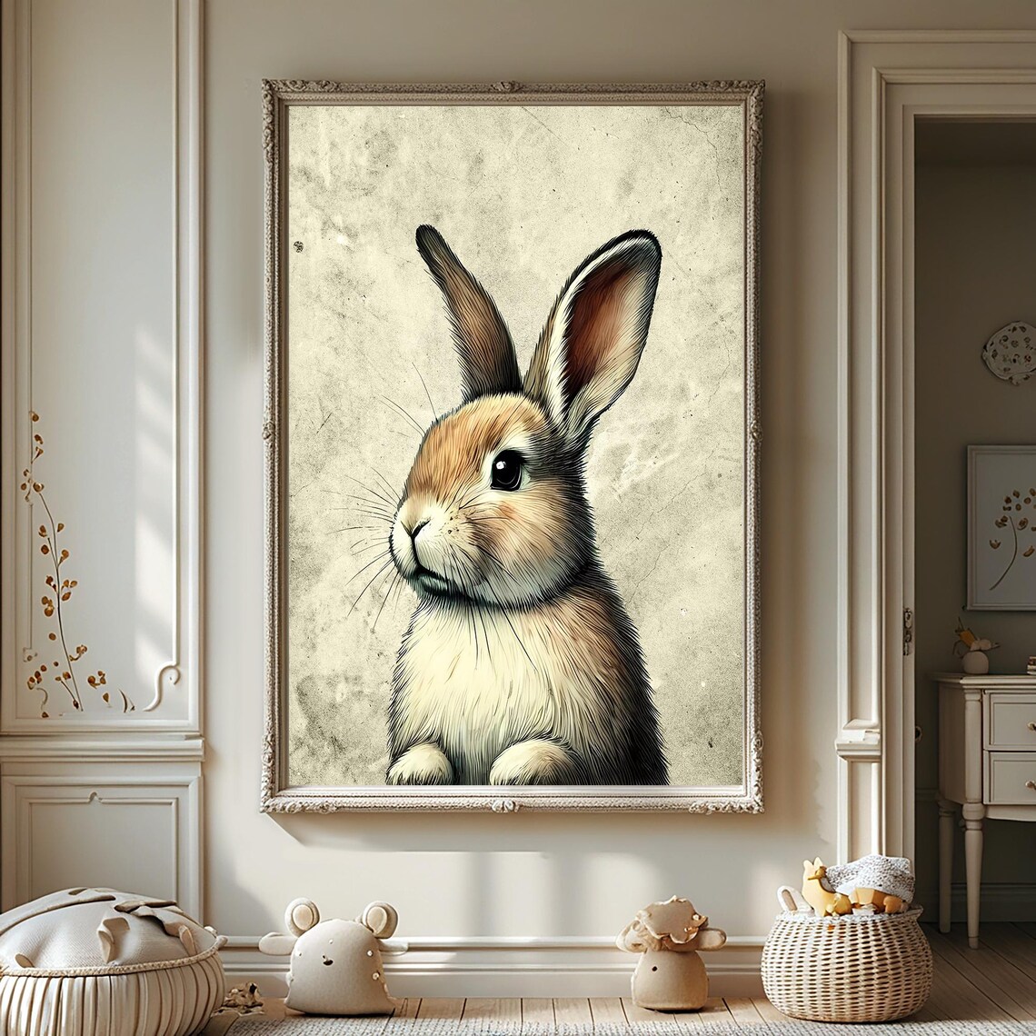 Vintage Easter Bunny Portrait Poster Rustic Rabbit Sketch Farmhouse Art