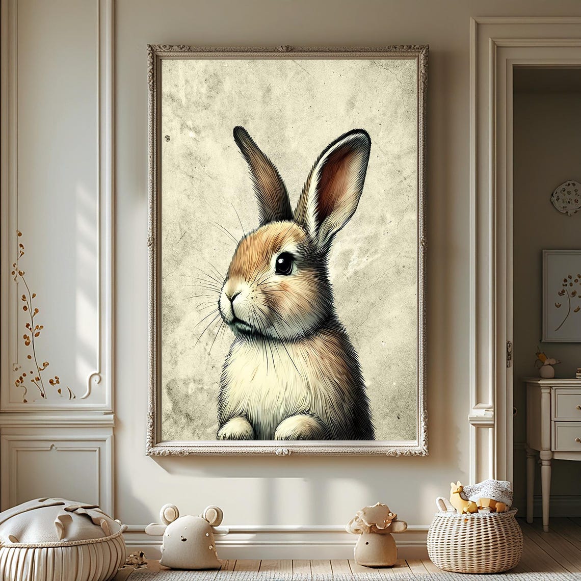 Vintage Easter Bunny Poster Flower Style Oil Paint Effect Modern Retro Wall Art Home Decor