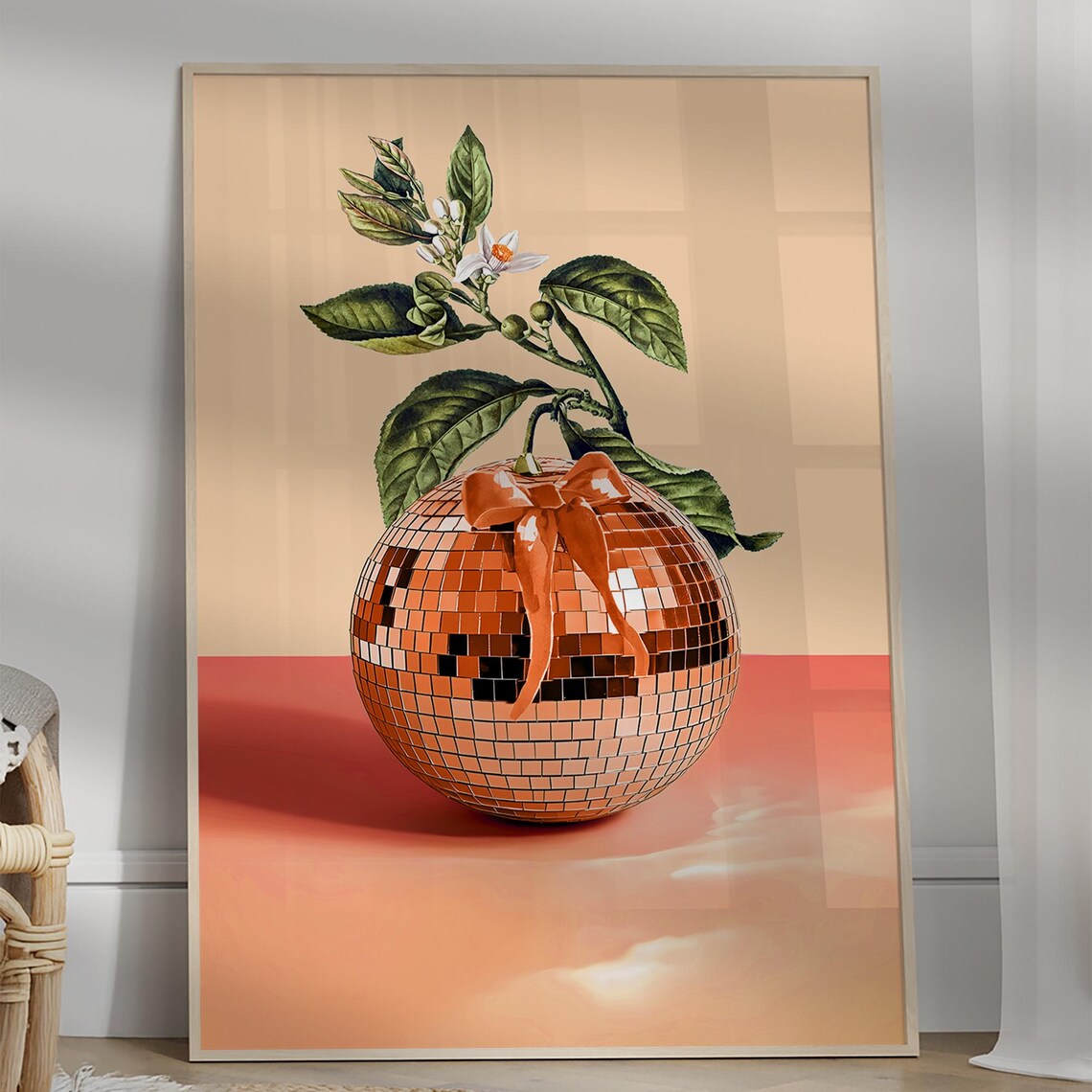 Disco Ball Orange With Blossom Branch Trendy Girly Aesthetic Art Poster
