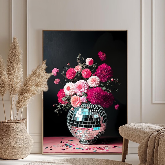 Disco Ball Vase Bold Pink Flowers Vintage Party Floral Wall Art