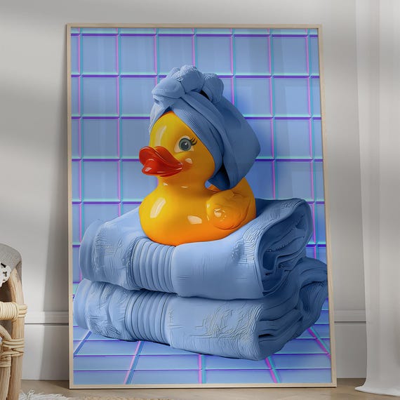 Cute Bathroom Duck Print Blue Wall Art In Towel Funny It Boy Poster