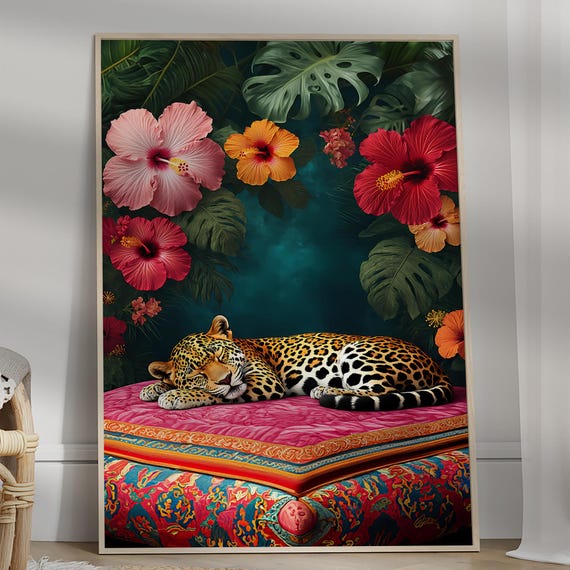 Sleeping Leopard Maximalist Oil Painting Bold Pink Dopamine Bedroom Poster Kitsch Wild Animal Eclectic Floral Print Wall Art