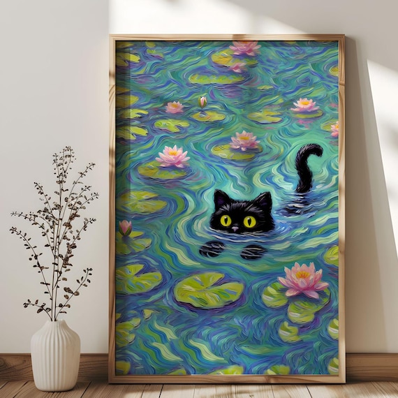 Monet Water Lilies Black Cat Swimming Funny Art Poster Cat Lover