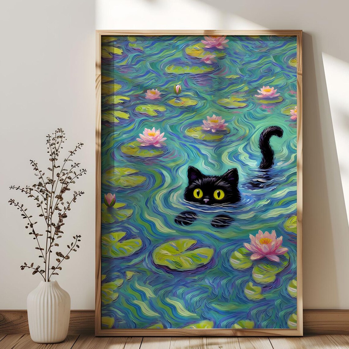 Monet Water Lilies Black Cat Swimming Funny Art Poster Cat Lover
