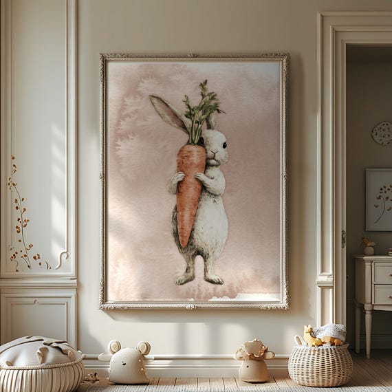 Vintage Easter Bunny Poster Flower Style Oil Paint Effect Modern Retro Wall Art Girl Kids Room Decor