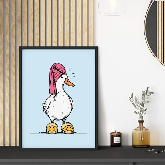 Cute Bathroom Duck Poster Pink Yellow Retro Wall Art In Towel Preppy Dorm Decor Funny It Girl