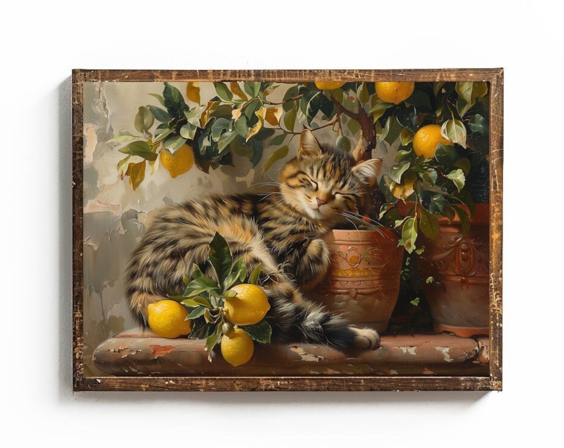 Sleeping Tabby Kitten Beside a Potted Lemon Tree Vintage Painting Poster
