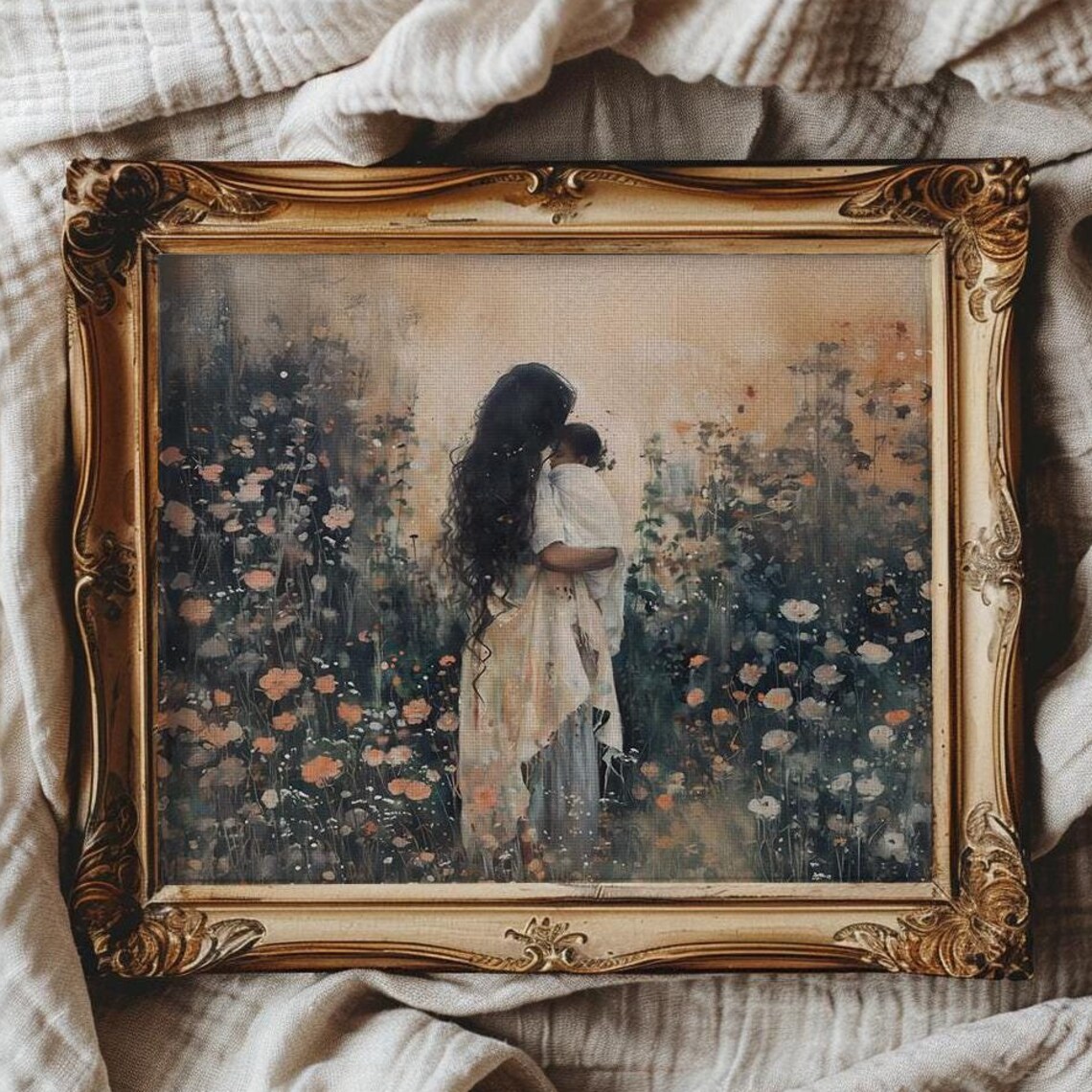 Dark Haired Mother Embracing Child In Wildflower Field At Dusk Print