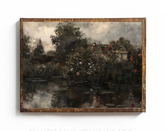 Moody Oil Painting Moody Cottagecore Wall Art For Kitchen Wall Art For Bathroom Moody Bathroom Art Lily Pad Pond Painting Cottage