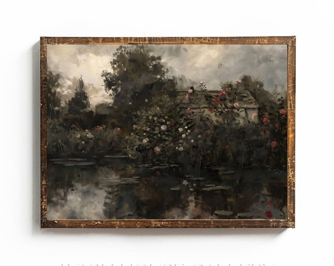 Moody Dark Cottage Garden with Roses beside a Still Pond Poster