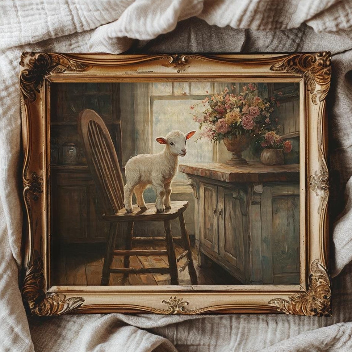 Sweet Curious Lamb Standing on a Chair in a Rustic Kitchen Poster