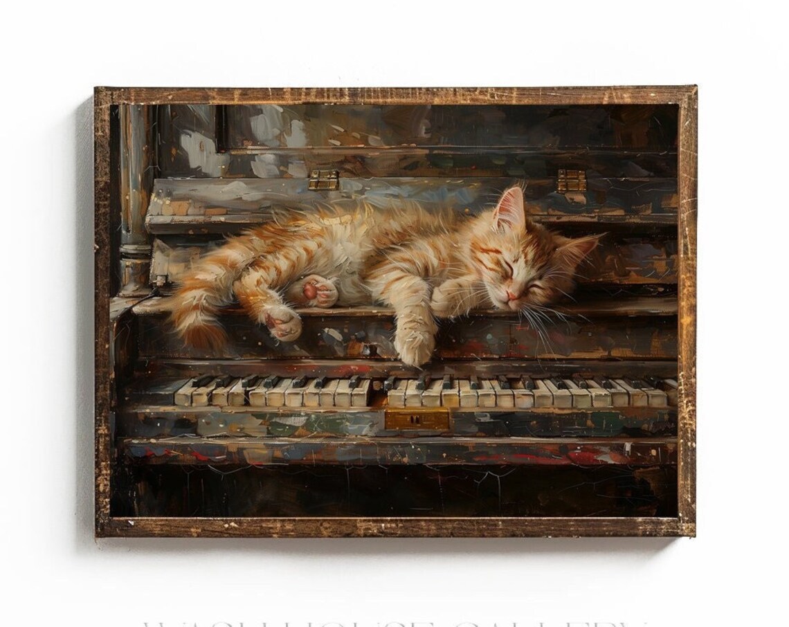 Ginger Cat Sleeping Across Keys of Old Weathered Piano Poster