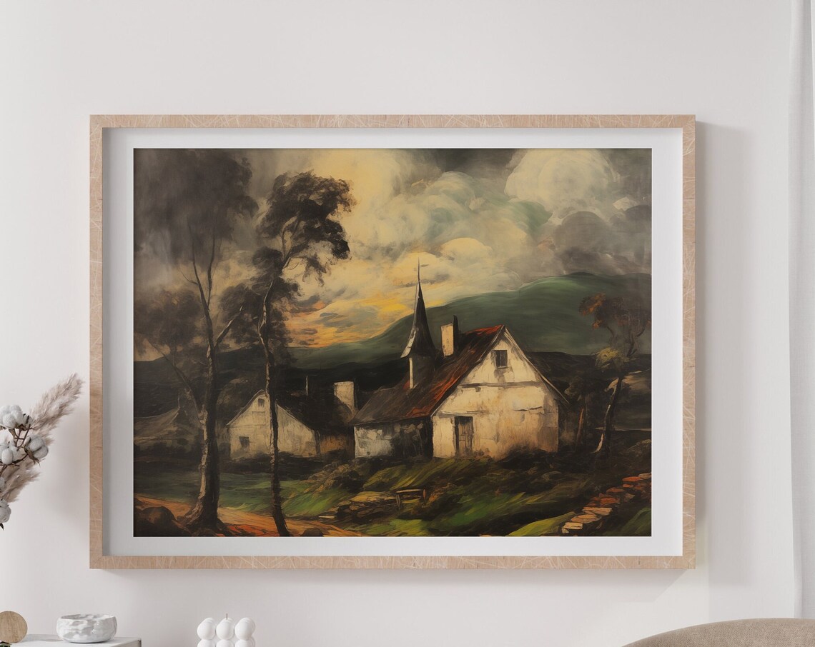 Rustic European Village Church Steeple Sunset Oil Painting Poster