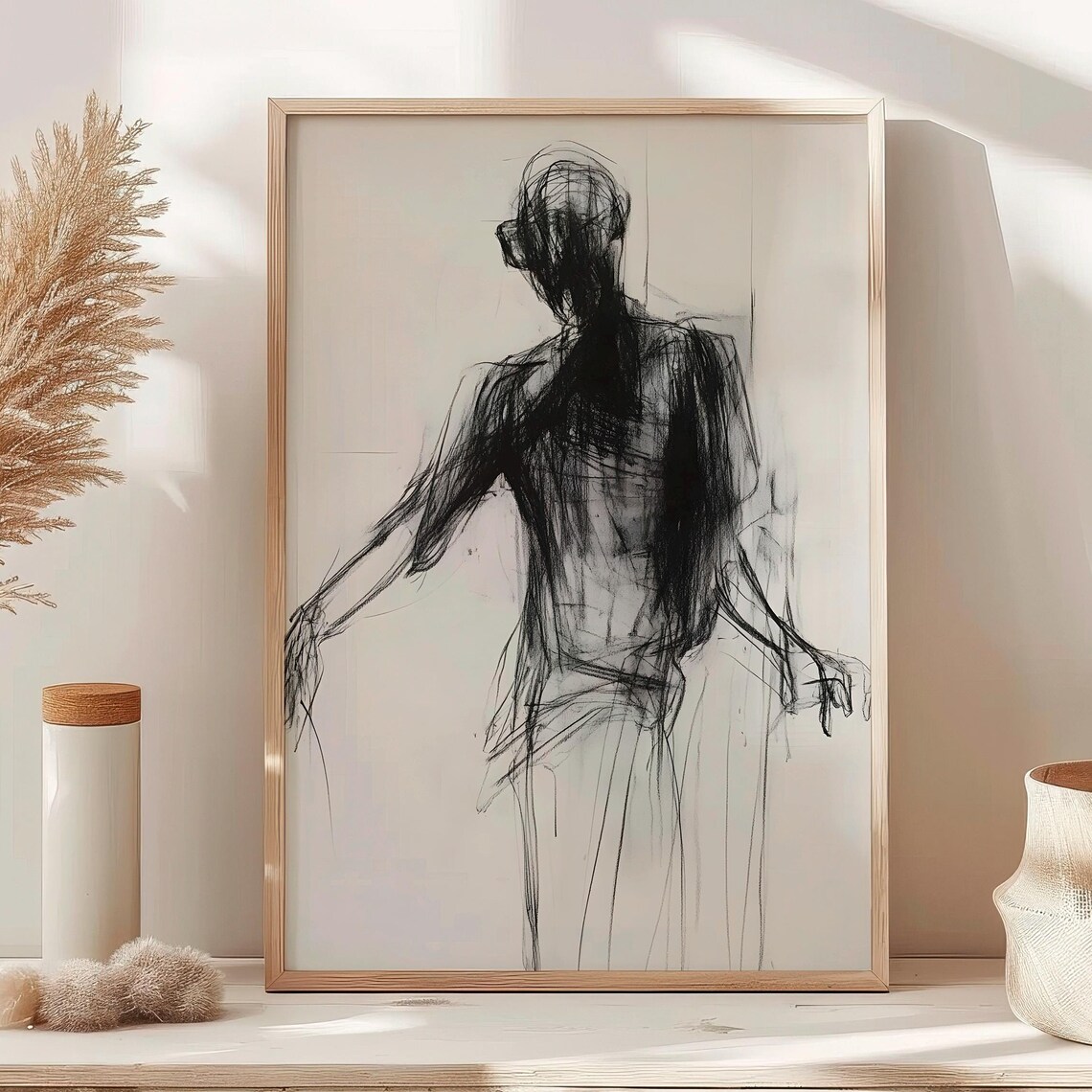 Expressive Charcoal Figure Sketch Black White Minimalist Poster