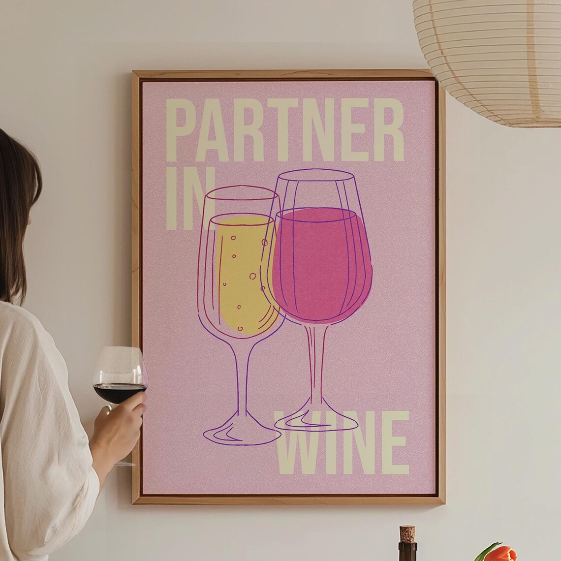 Partner In Wine Pink Bar Cart Art Wine Glasses Girly Wall Poster