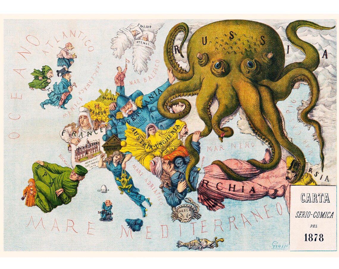 Vintage Comical Europe Map by Augusto Grossi, Art Print