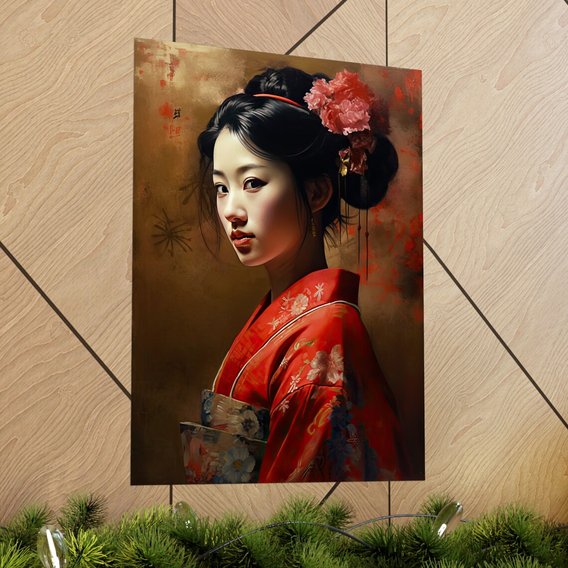Geisha in Red Kimono Portrait Japanese Oriental Elegant Art Poster - Image 2