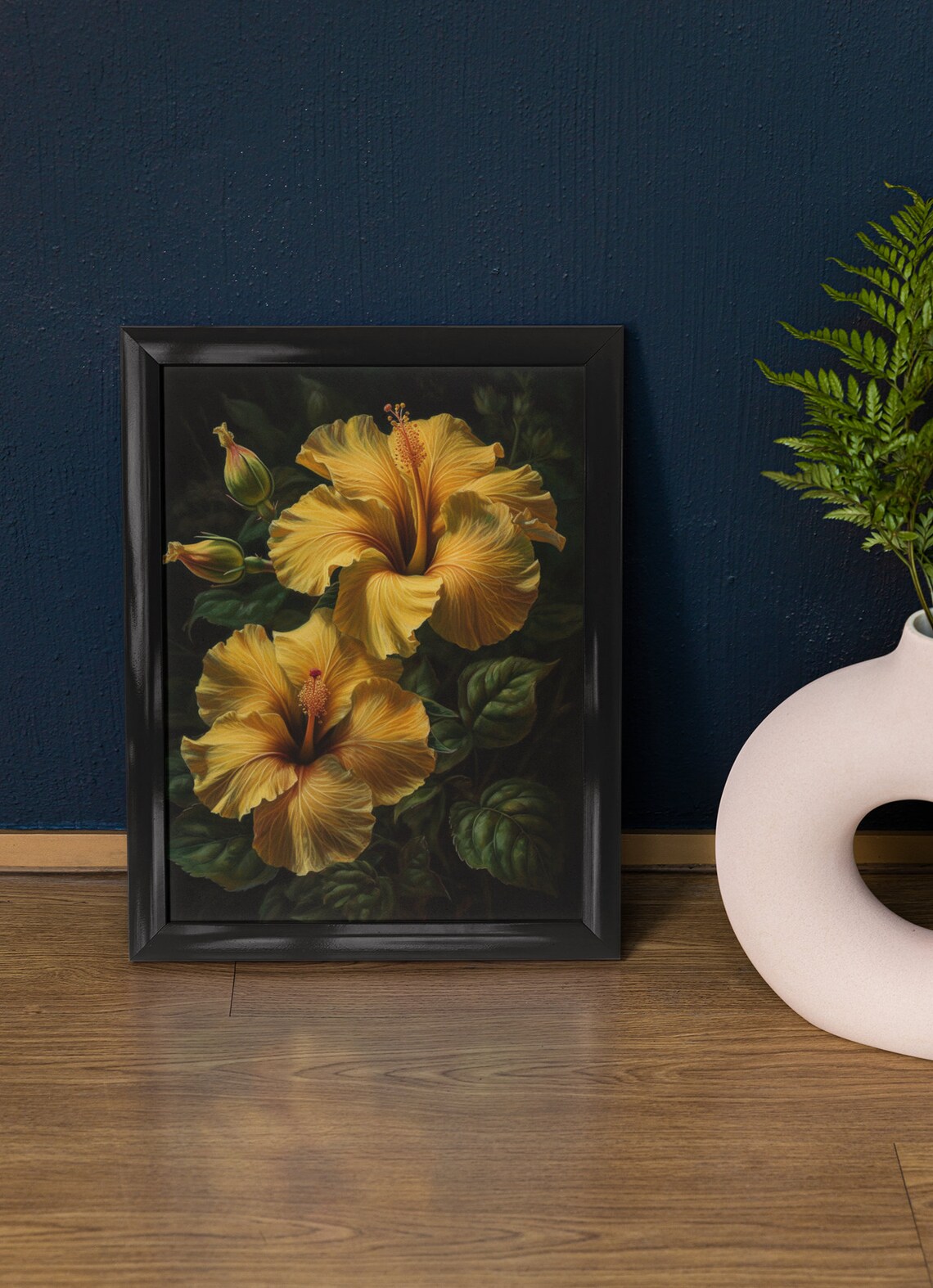 Yellow Hibiscus Blooms Dark Tropical Floral Painting Fine Art Poster