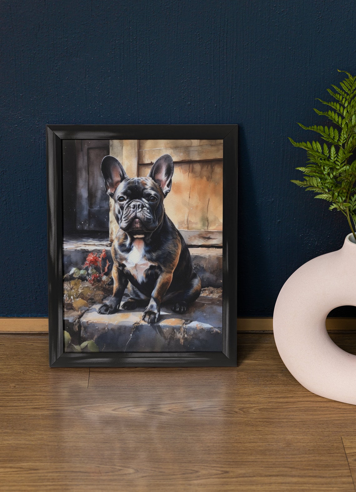 French Bulldog Brindle Stone Steps Portrait Watercolor Dog Poster