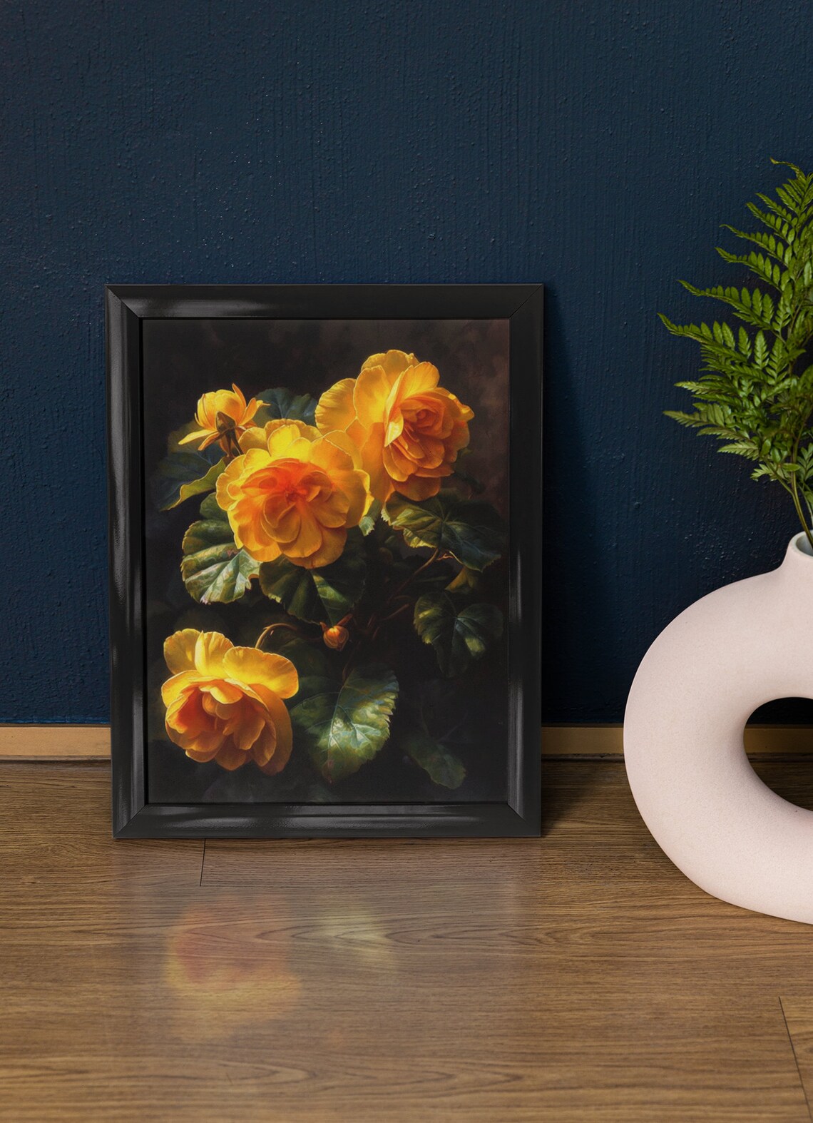 Yellow Begonia Blooms Dark Green Leaves Warm Golden Floral Poster