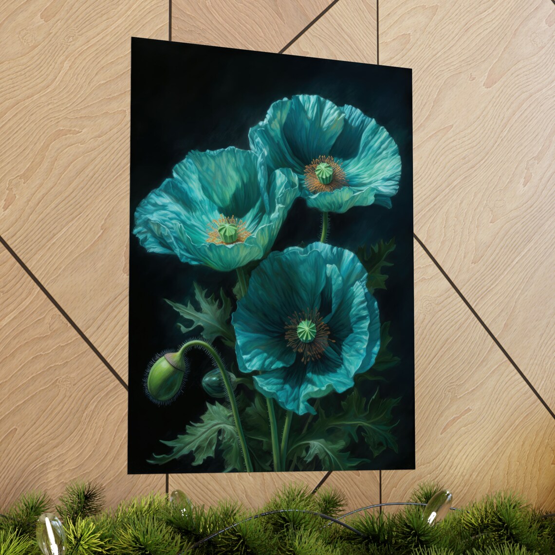 Turquoise Poppy Flowers Dark Background Trio Botanical Painting Poster - Image 2