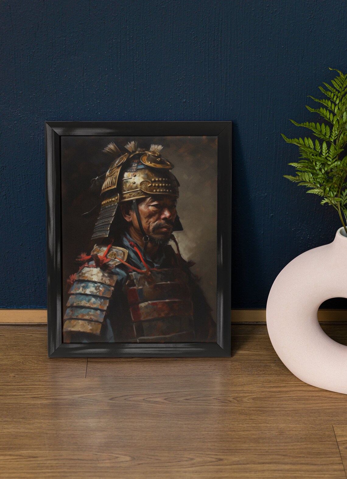 Samurai Warrior in Ornate Golden Kabuto Helmet Oil Painting Art Print