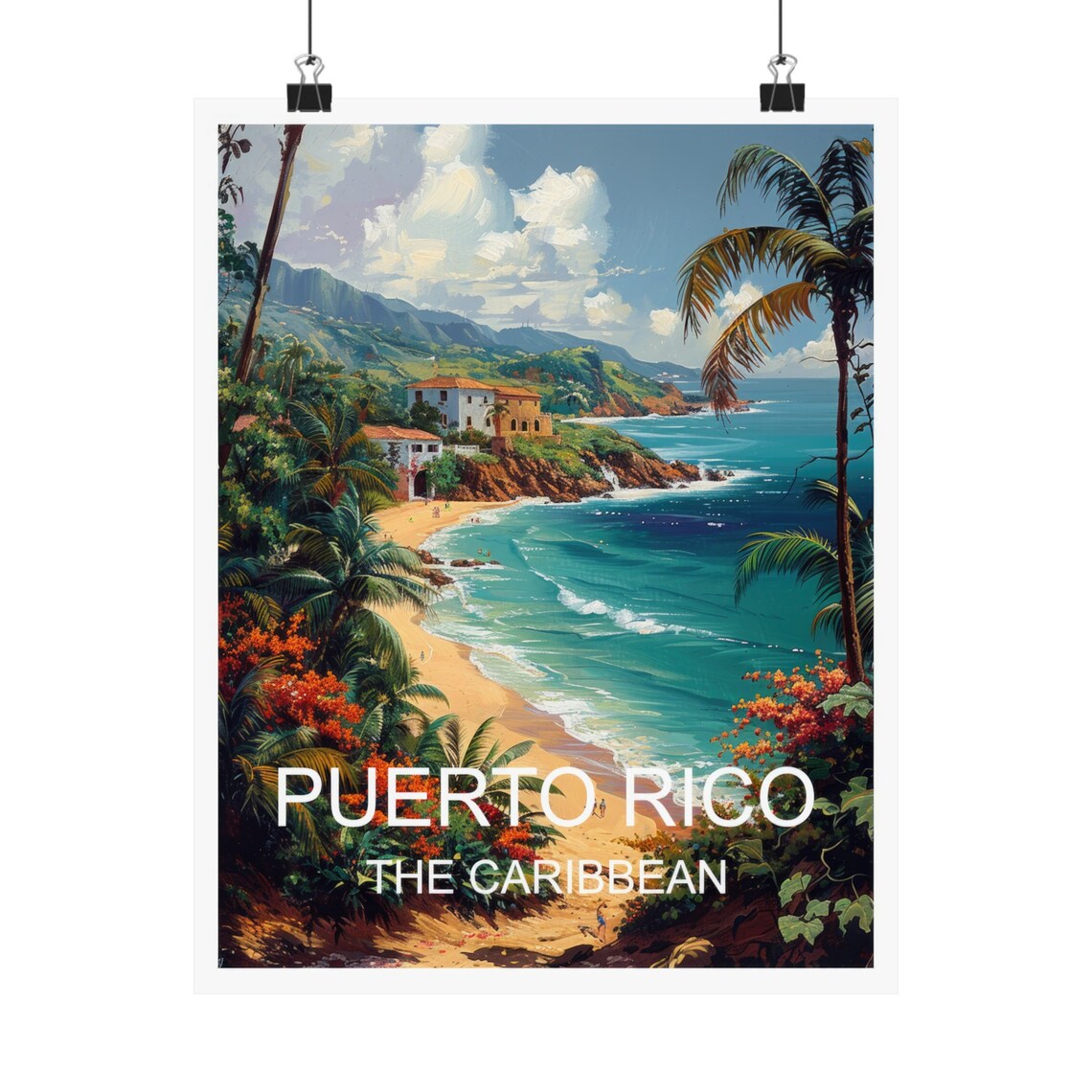 Puerto Rico Caribbean Beach Cliffs Colonial Houses Travel Poster - Image 4