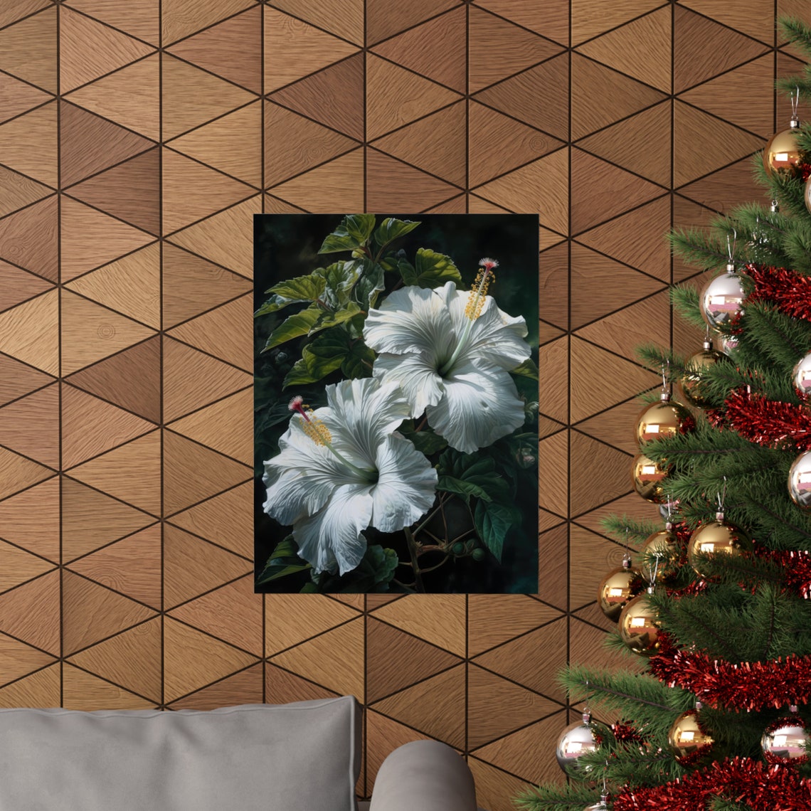 White Hibiscus Blooms Dark Tropical Botanical Fine Art Poster - Image 3