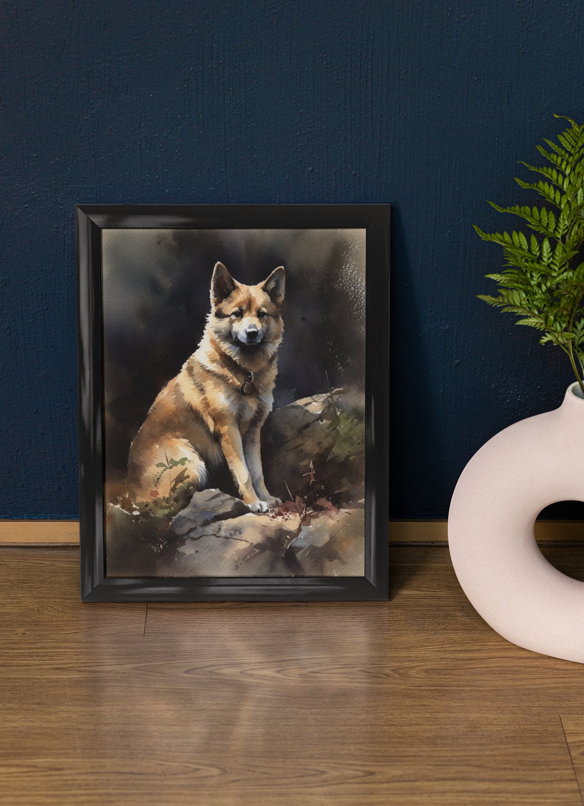 Norwegian Buhund Tan Spitz Dog Rocks Watercolor Portrait Poster