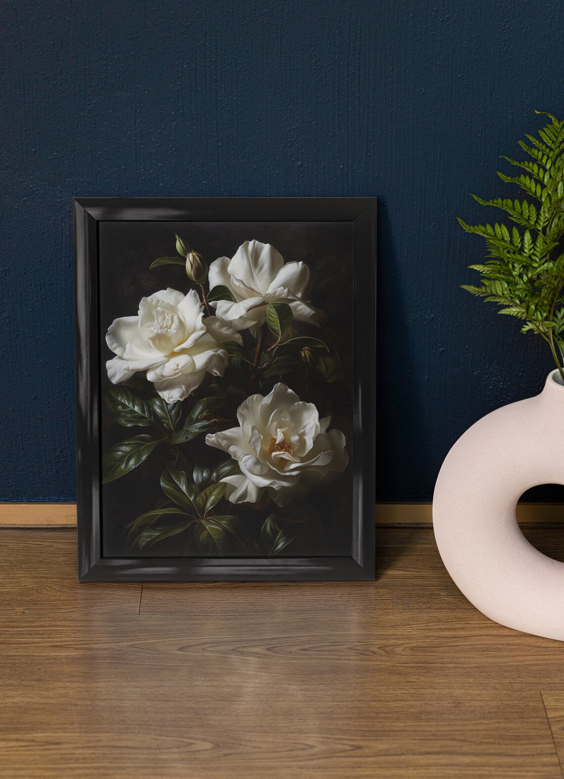 White Gardenia Blooms On Dark Background Moody Botanical Art Poster