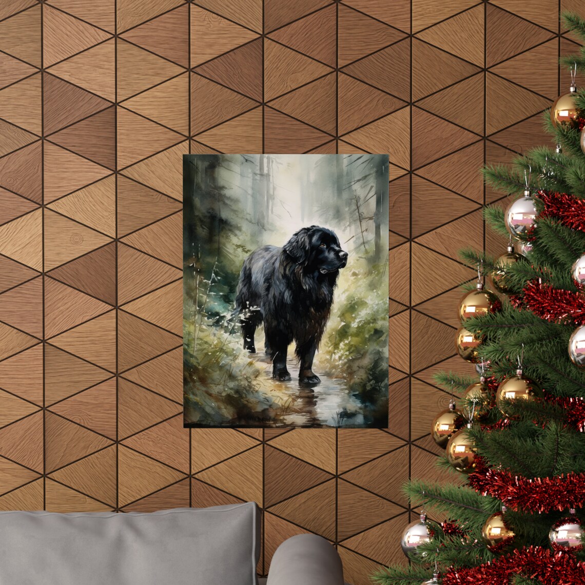 Newfoundland Dog Standing In Misty Woodland Stream Watercolor Print - Image 3