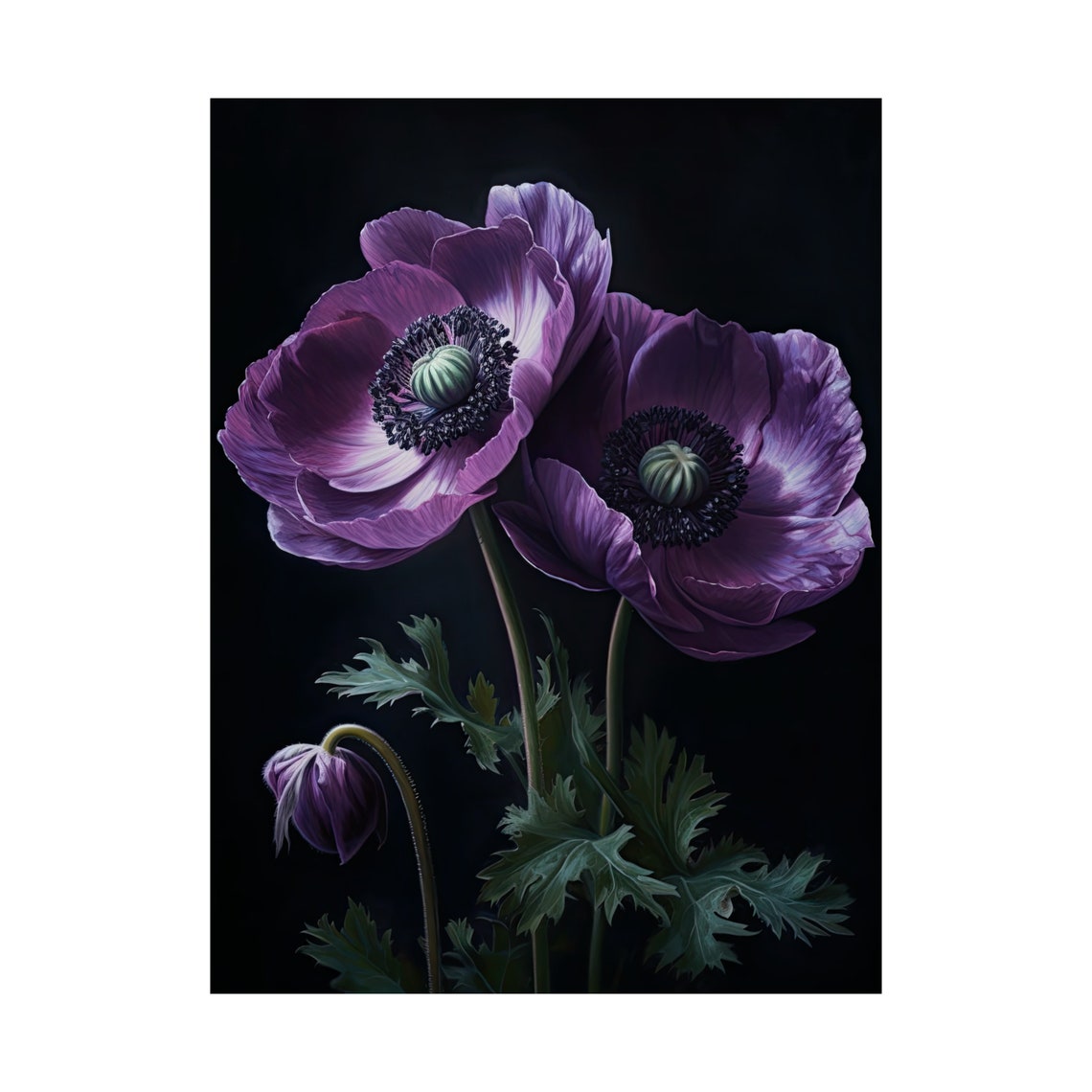 Purple Anemone Flowers Dark Moody Botanical Still Life Art Print - Image 4