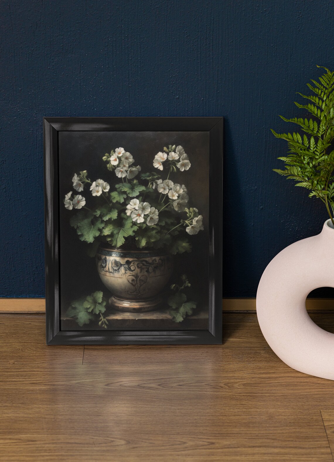 Ivory White Geranium Flowers Vintage Pot Dark Still Life Art Poster