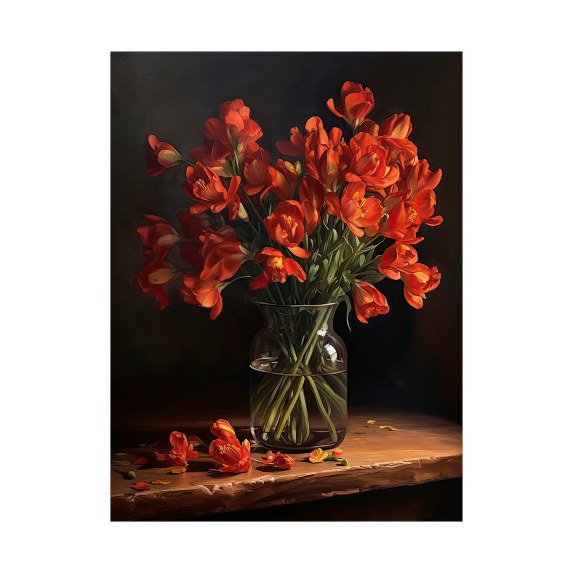 Red Freesia Still Life Flower Bouquet Glass Vase Dark Botanical Print - Image 4