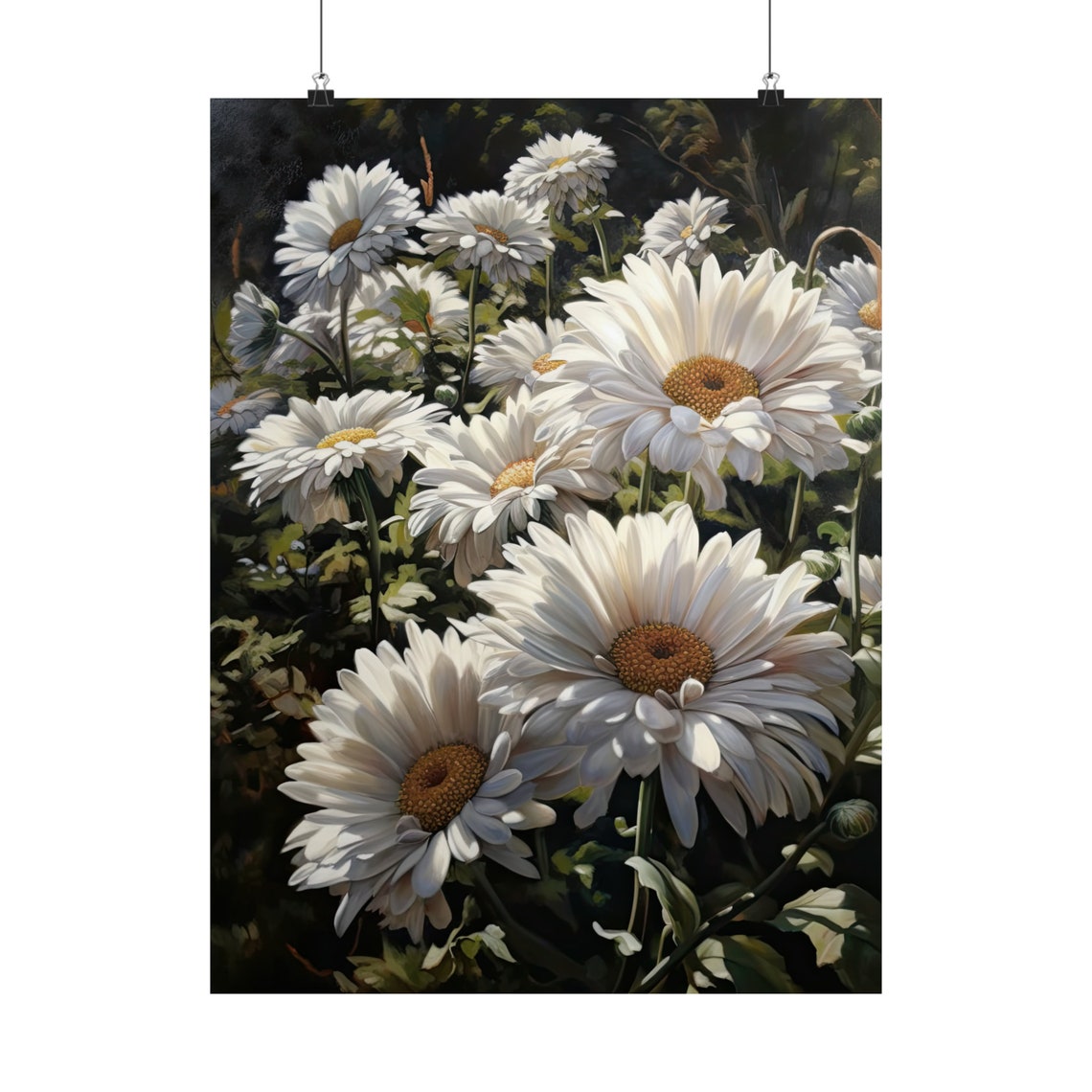 White Daisy Field Fresh Blooms Dark Background Botanical Art Poster - Image 5