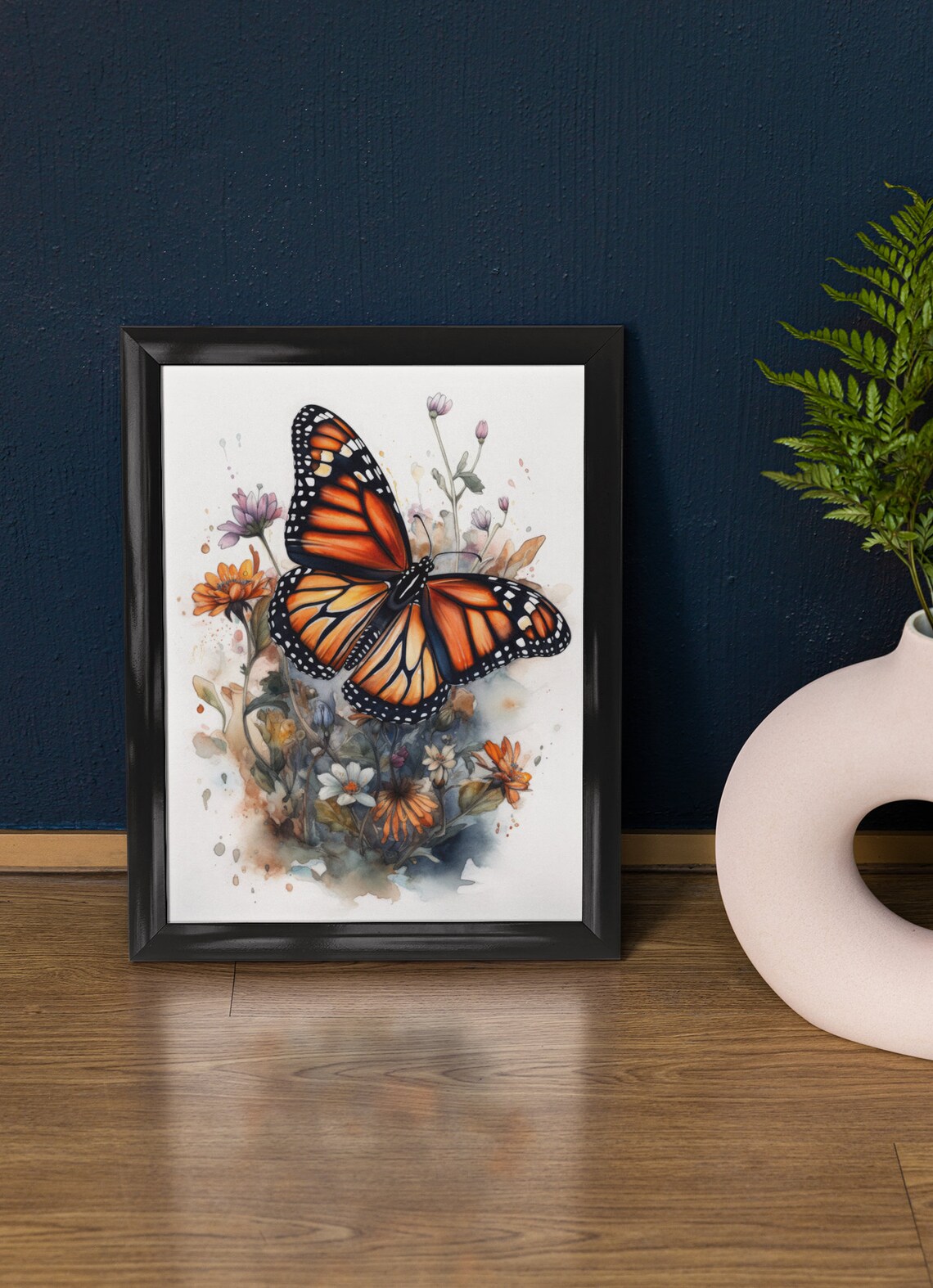 Monarch Butterfly Orange Black Among Wildflowers Watercolor Poster