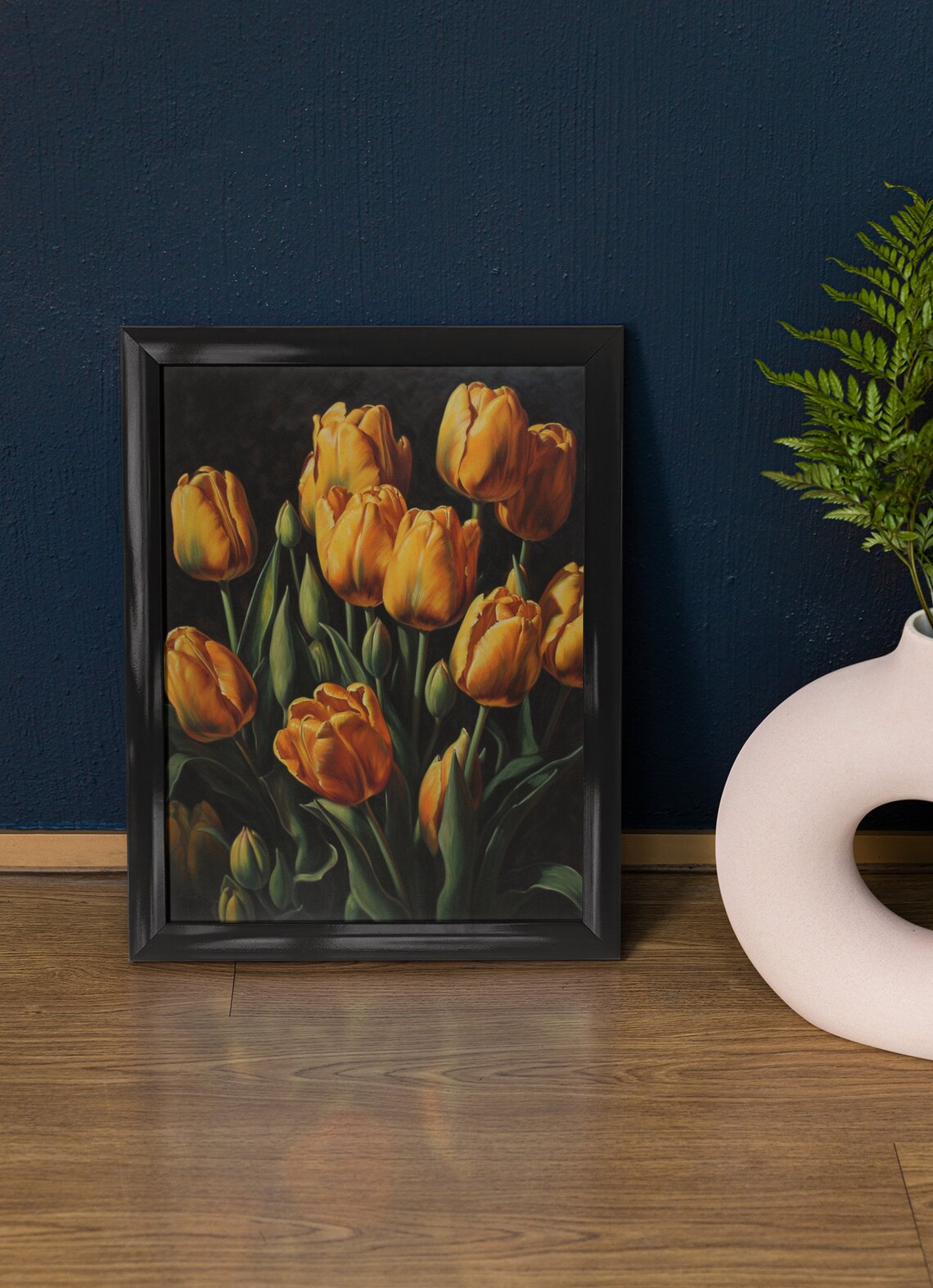 Golden Yellow Tulip Blooms Dark Moody Floral Botanical Art Print