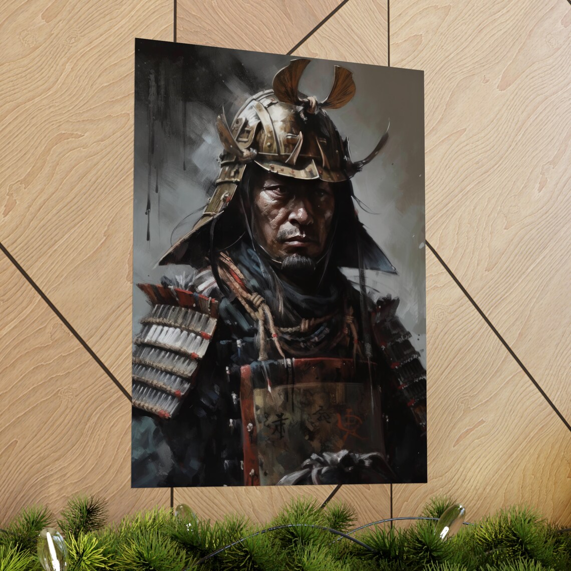 Samurai in Crescent Horned Helmet Dark Moody Oil Painting Art Print - Image 2