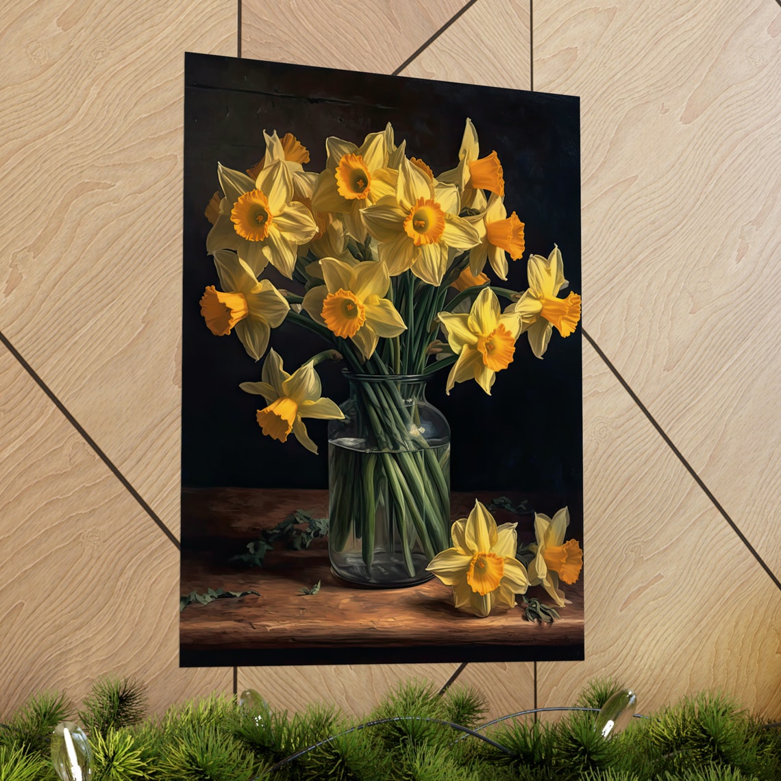 Yellow Daffodil Blooms Sunny Orange Trumpets Glass Vase Art Poster - Image 2