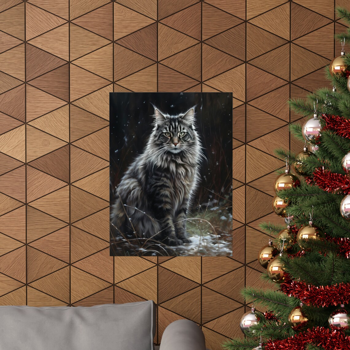 Long Haired Tabby Cat Snowy Forest Portrait Feline Art Poster - Image 3
