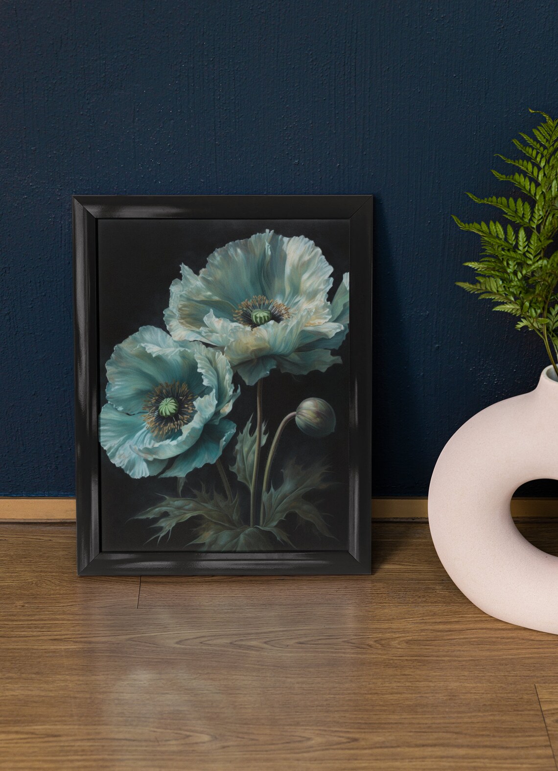 Light Blue Poppy Flowers Icy White Dark Background Painting Poster